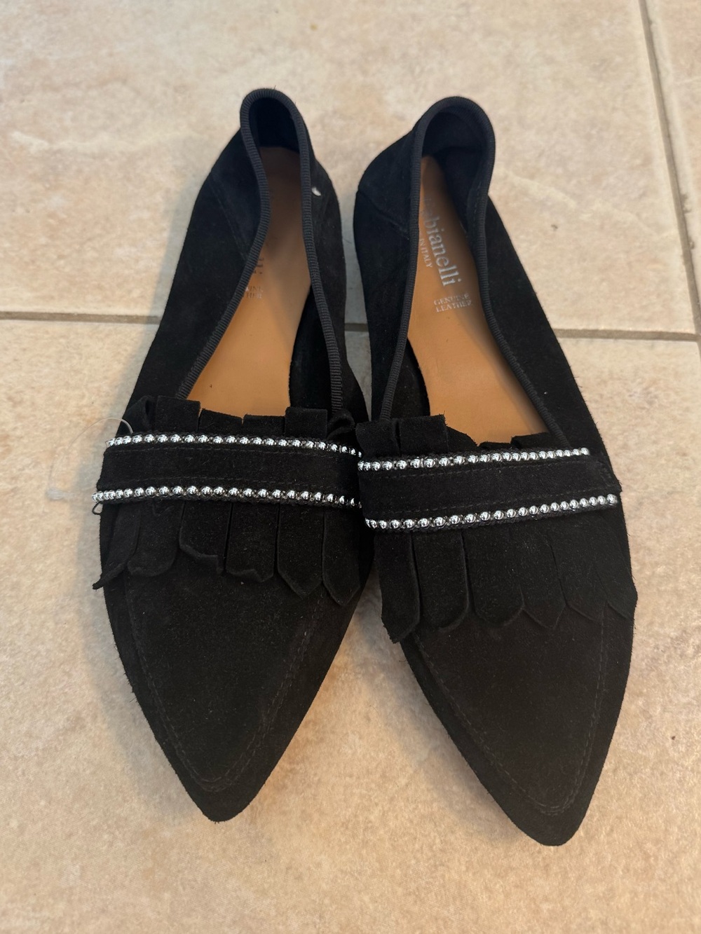 NWT fabianelli Black Leather Pointed Toe Loafers Rhinestone Fringe Shoes Sz 8.5